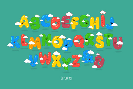 字符字母向量集. 五颜六色可爱有趣的字体. 微笑的卡通儿童刻字.