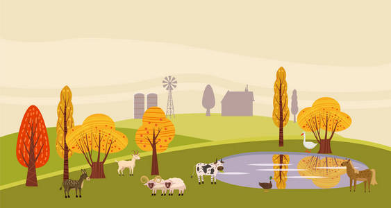 农村景观湖泊, utumn 与动物, 谷仓, 风车, 草堆, 池塘, 青贮塔, 隔离。农场现代平面卡通设计风格矢量插图绿色背景与