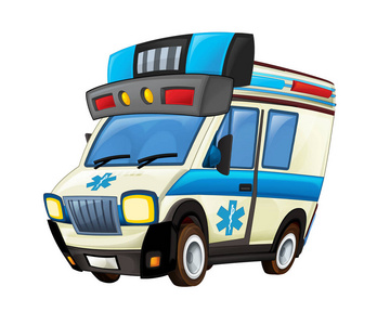 儿童白色背景插图中带有救护车卡车的卡通场景