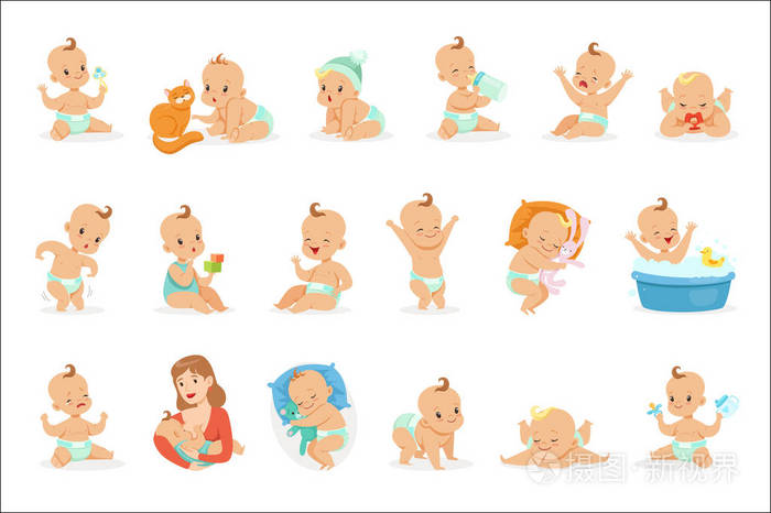 可爱的快乐和他日常的常规系列的可爱的卡通婴儿期和婴儿的插图