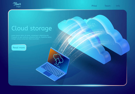 云存储网页模板。抽象的设计理念。显示笔记本电脑传送数据的等距向量图