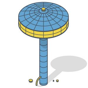 水柱上的水库等距建筑。 概述了支柱上的水库。 白色供水资源。 象形文字工业化学清洁剂设置蓝色细节。 扁平孤立主矢量图标