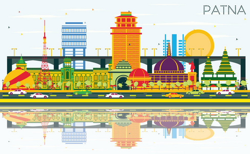 帕特纳印度城市天际线与彩色建筑蓝天和倒影。 矢量图。 现代建筑的商务旅游和旅游理念。 带有地标的帕特纳城市景观。