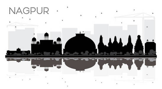 纳格普尔印度城市天际线黑白轮廓与反射。 简单的平面概念旅游展示横幅标语或网站。 具有地标的纳格普尔城市景观。