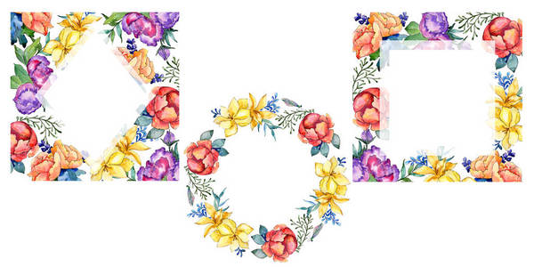 水彩彩色花束花。 花卉植物花。 框架边框装饰广场。 背景纹理包装图案框架或边框的水花野花。