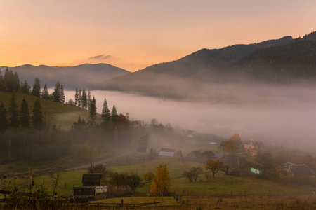 山村五彩缤纷的秋天景观。 乌克兰喀尔巴阡山雾蒙蒙的早晨