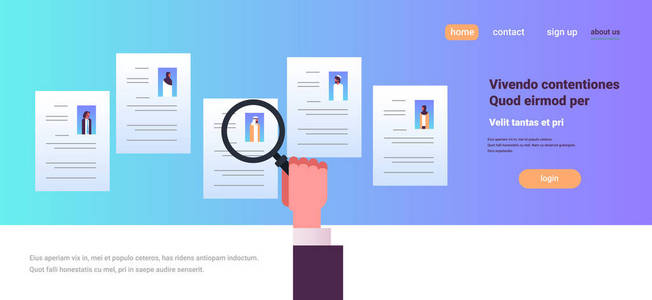 手持放大变焦简历选择阿拉伯人候选人空缺职位招聘概念平面复制空间横幅