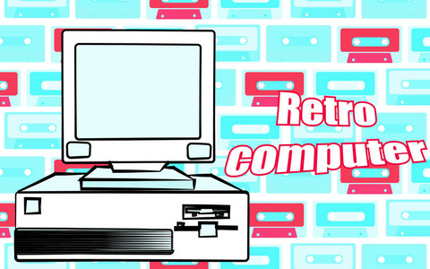 老复古复古时髦的古董游戏台式电脑和复古计算机题词从 70, 80, 90 的背景下的录音带。矢量插图