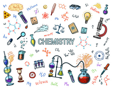 化学的图标设置。黑板与元素, 公式, 原子, testtube 和实验室设备。实验室工作空间和反应研究。科学, 教育, 医疗。