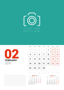 2019年2月挂历计划模板。星期一开始。矢量图示