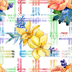水彩彩色花束花。 花卉植物花。 无缝背景图案。 织物壁纸印花纹理。 背景纹理包装图案边框的水花。
