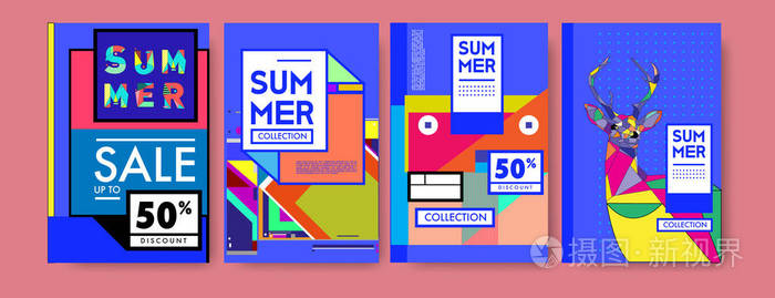 夏日缤纷海报设计模板..一套夏季销售背景和插图。夏季活动海报和横幅的极简设计风格