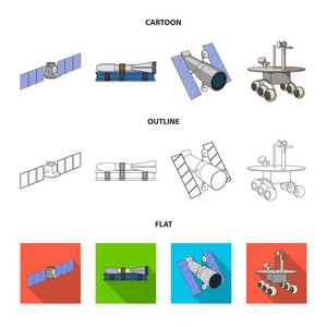 空间站在轨道上, 发射火箭的准备, 月球探测器的表面。空间技术集合图标在卡通, 轮廓, 平面矢量符号股票插图