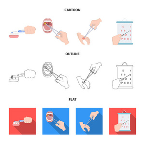 牙科护理, 伤口处理等网络图标的卡通, 轮廓, 平面风格. 口腔治疗, 视力测试图标集合收藏
