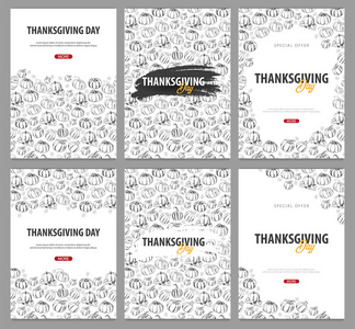 与南瓜的感恩节日集。为购物销售, 促销海报和框架传单, 网页横幅。矢量插图模板