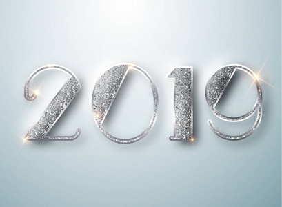 新年快乐2019贺卡与银色数字在白色背景。矢量插图。圣诞传单或海报设计。矢量 10 Eps