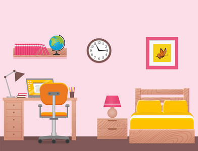 现代公寓中女孩的卡通房屋设备. 五颜六色的动画背景.照片