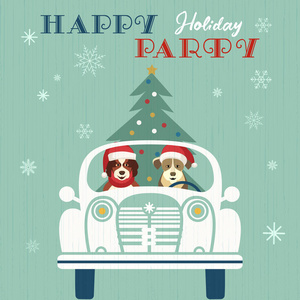 快乐假日派对海报。 圣诞老人帽子里可爱的漫画书。 复古车上的圣诞树。 五颜六色好玩的卡通。 季节性的愿望。 矢量寒假贺卡。 新年