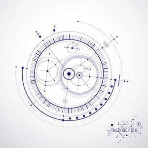 机械方案矢量工程绘图与圆和几何部分的机构。 技术方案可用于网页设计和壁纸或背景。