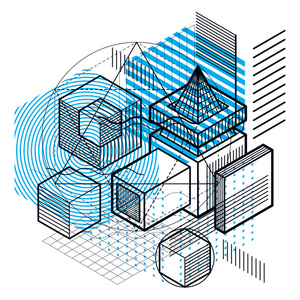 抽象等距背景三维矢量布局。 立方体六边形矩形和不同抽象元素的组成。