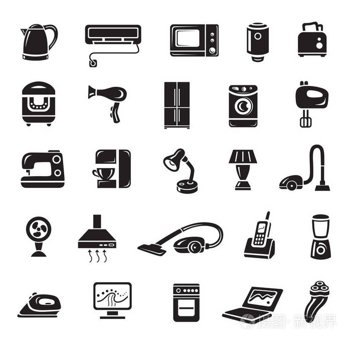 家用电器图标设置在极简风格. 白色背景上的黑色标志.