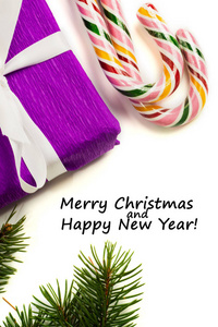 s Day festive decoration, colourful candies, purple gift with wh