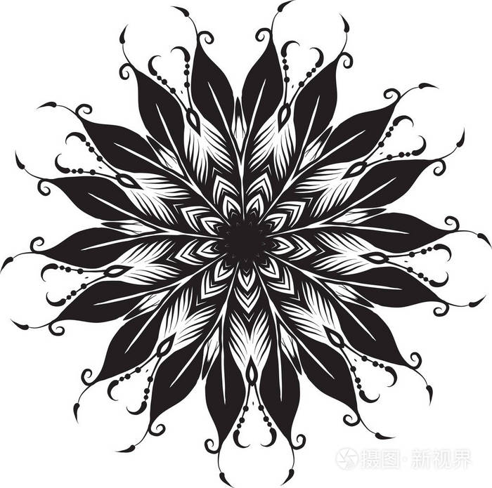 带有花圆花边曼陀罗装饰元素的抽象矢量民族部落风格白色背景上的黑线