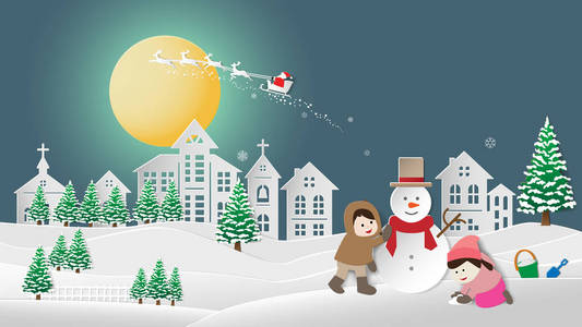纸折艺术折纸风格矢量插图..圣诞快乐新年快乐。孩子们堆雪人和雪景。冬季夜空与圣诞老人驯鹿大月城背景