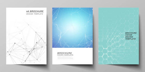 A4 格式的矢量布局涵盖了小册子传单报告的版面设计模板。科技, 科学, 医学概念。分子结构, 连接线和点。未来背景