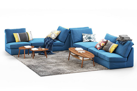 现代家具设置沙发，地毯和咖啡桌在白色背景与阴影。斯堪的纳维亚风格。现代风格。深蓝色面料装潢。3D渲染