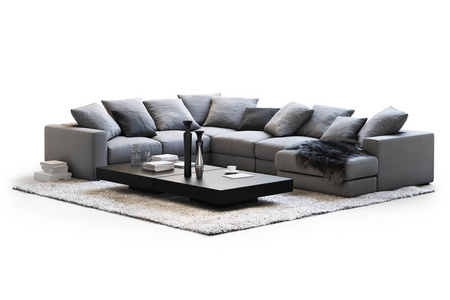 现代家具，沙发，地毯和咖啡桌在白色背景与阴影。长桩地毯。斯堪的纳维亚风格。现代风格。深灰色织物装潢。3D渲染