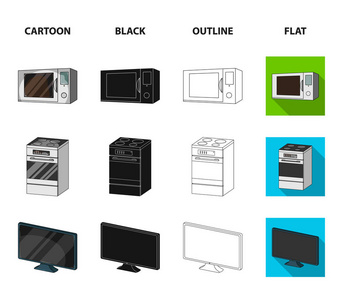 家电和设备卡通, 黑色, 轮廓, 平面图标集集合为设计。现代家电矢量符号股票 web 插图
