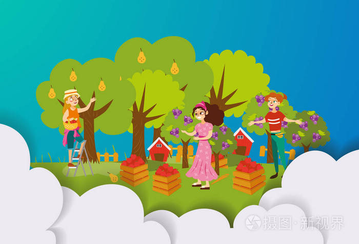 卡通微笑女孩采摘新鲜梨,李子和苹果在花园矢量插图.
