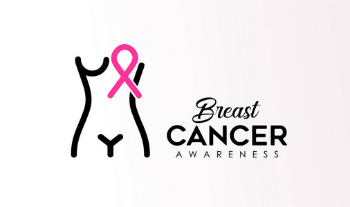 乳腺癌意识月排版报价标志，为幸存者妇女的健康支持。 粉红色丝带文本与女孩身体轮廓轮廓轮廓图标。 eps10载体。