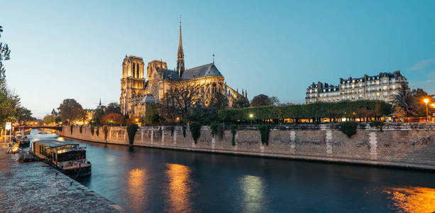 黄昏时巴黎圣母院我们巴黎的女士的全景。 这是一座中世纪的天主教大教堂，被认为是法国哥特式建筑中最好的例子之一