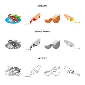 羊肉串烤肉串, 配菜, 番茄酱, 芥末, 食品调味, 鸡蛋碎。食物和烹调集合图标在卡通, 轮廓, 单色风格矢量符号股票插画网站