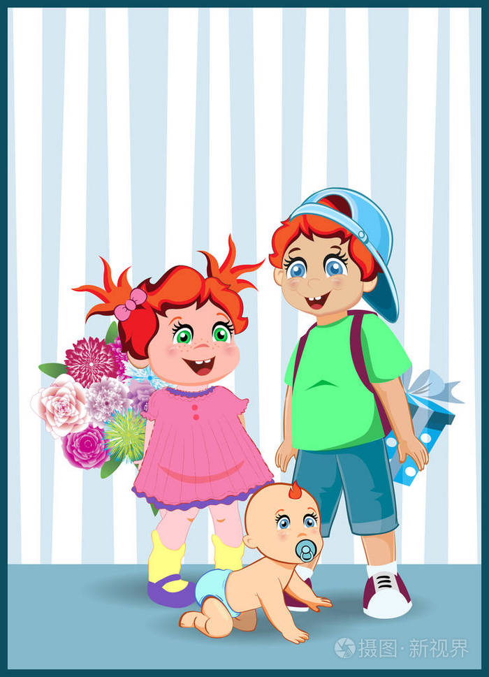 卡通矢量插图可爱的小孩子花和礼物.