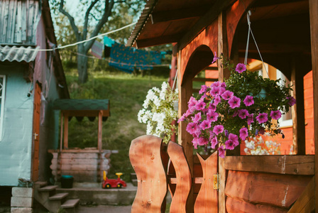 喀尔巴阡山上有花盆的私人木屋。 乌克兰