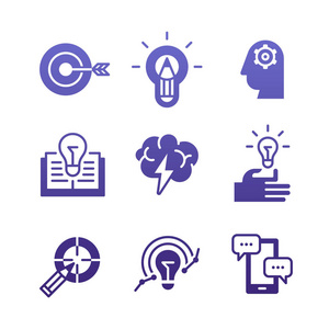 一套图标的教育头脑风暴策略和解决方案的信息图形,网络应用程序和