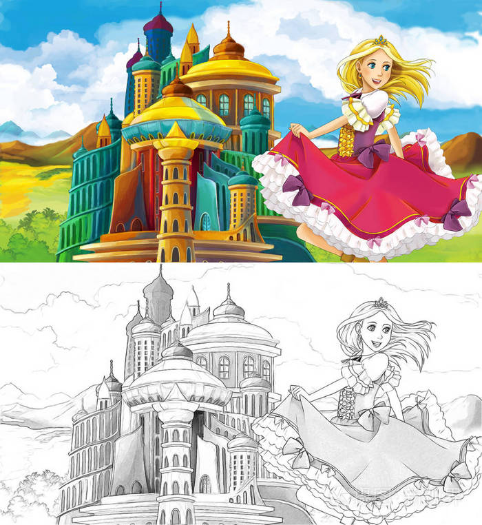卡通场景美丽的公主靠近雄伟的城堡为儿童提供艺术着色页面插图