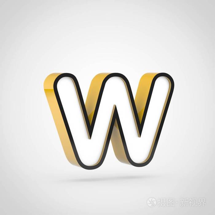 金色字母w小写白色黑色轮廓三维渲染字体隔离在白色背景上