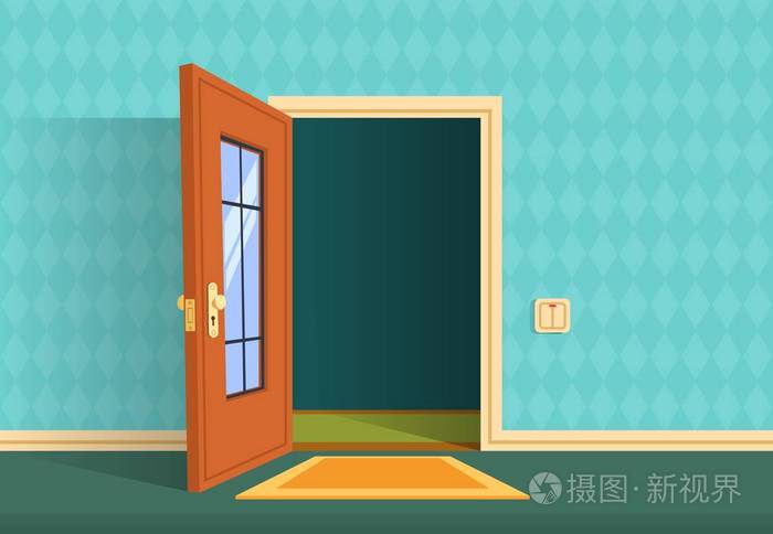卡通打开门.公寓走廊入口, 办公室大堂.首页入口走廊矢量背景