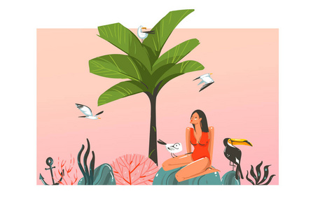 手绘矢量抽象卡通夏季时间图形插图模板卡与女孩, 日落, 棕榈, 树, 巨嘴鸟鸟在海滩上的场景被孤立的白色背景