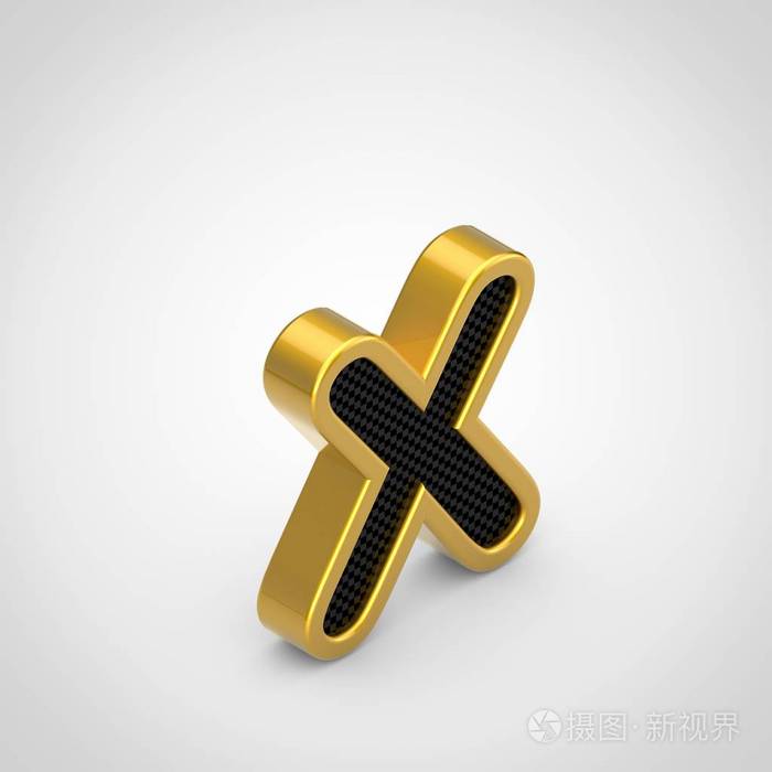金色字母x小写带黑色碳纤维面纹理.3d绘制等距字体隔离在白色背景上.