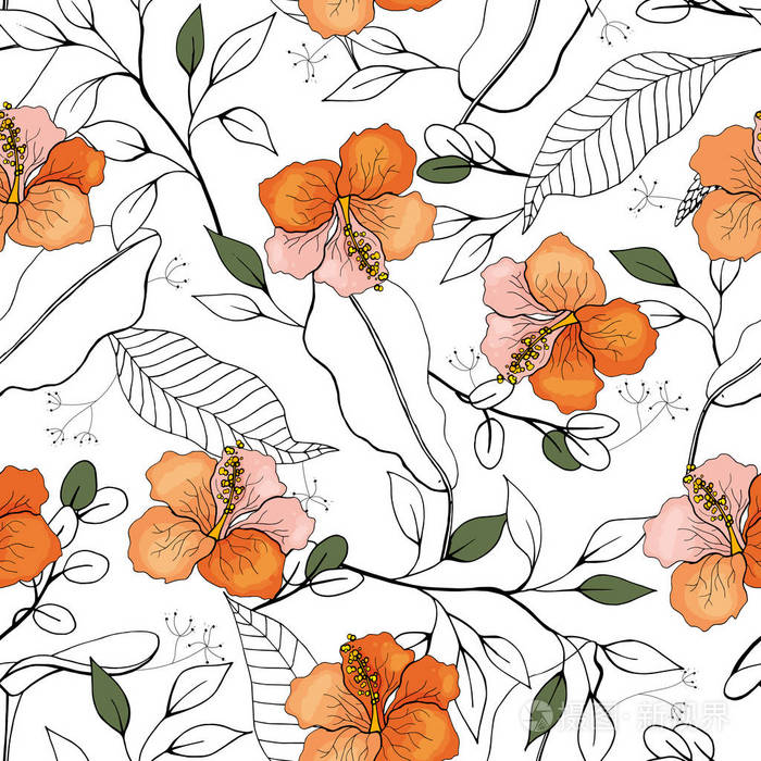 时髦的花型.孤立的无缝图案.老式背景.墙纸.手工绘制.矢量图.