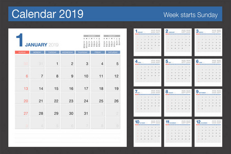2019日历。办公桌日历现代设计模板..每周周日开始。矢量图。