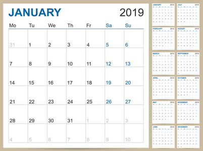 英文计划日历2019年英文日历模板2019年12个月一周开始周一可打印日历模板矢量插图