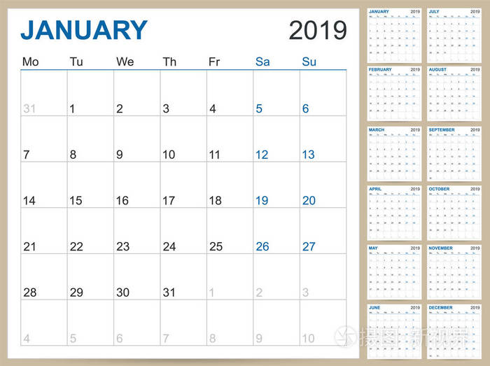 英文计划日历19年英文日历模板19年12个月一周开始周一可打印日历模板矢量插图插画 正版商用图片12iz0l 摄图新视界