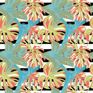 热带印刷。丛林无缝模式。夏威夷花卉矢量热带夏季主题