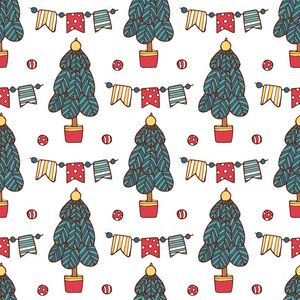 与圣诞老人, 鹿, 树, 装饰, 雪花和盒子无缝的圣诞图案。矢量插图。圣诞节来临